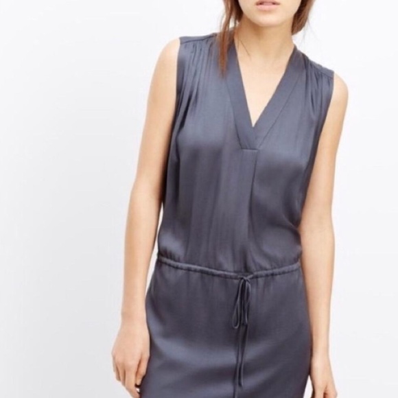Vince 100% Silk Sleeveless Midi Dress Size M Blue V-Neck Drawstring Sleeveless - Picture 2 of 8